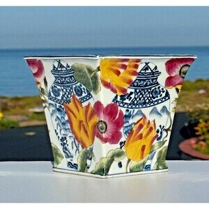 Planter Cachepot Oriental Accent Floral Porcelain Blue White Vase Motif Square